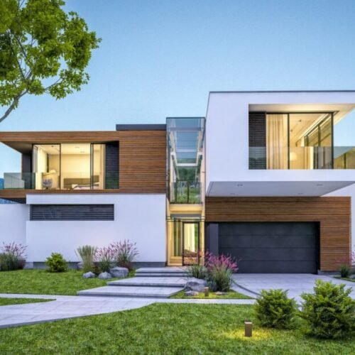 3d rendering of modern cozy house by the river with garage for sale or rent with beautiful mountains on background. Clear summer evening with blue sky. Cozy warm light from window.